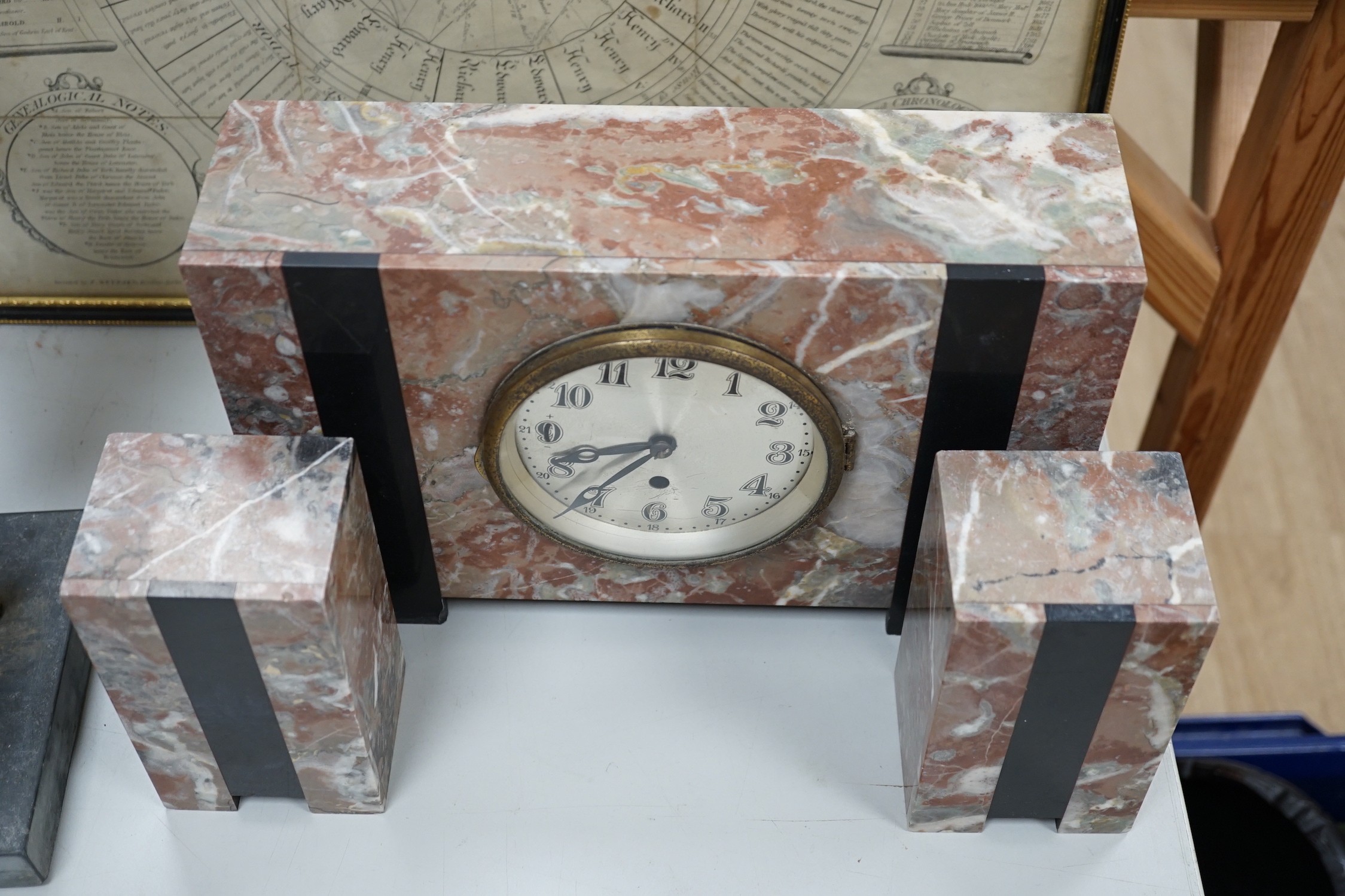 An Art Deco marble clock garniture